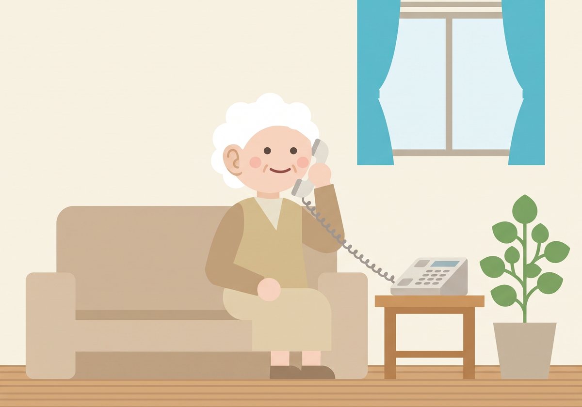 電話をかけるシニアの女性(AI生成の見本イラスト)