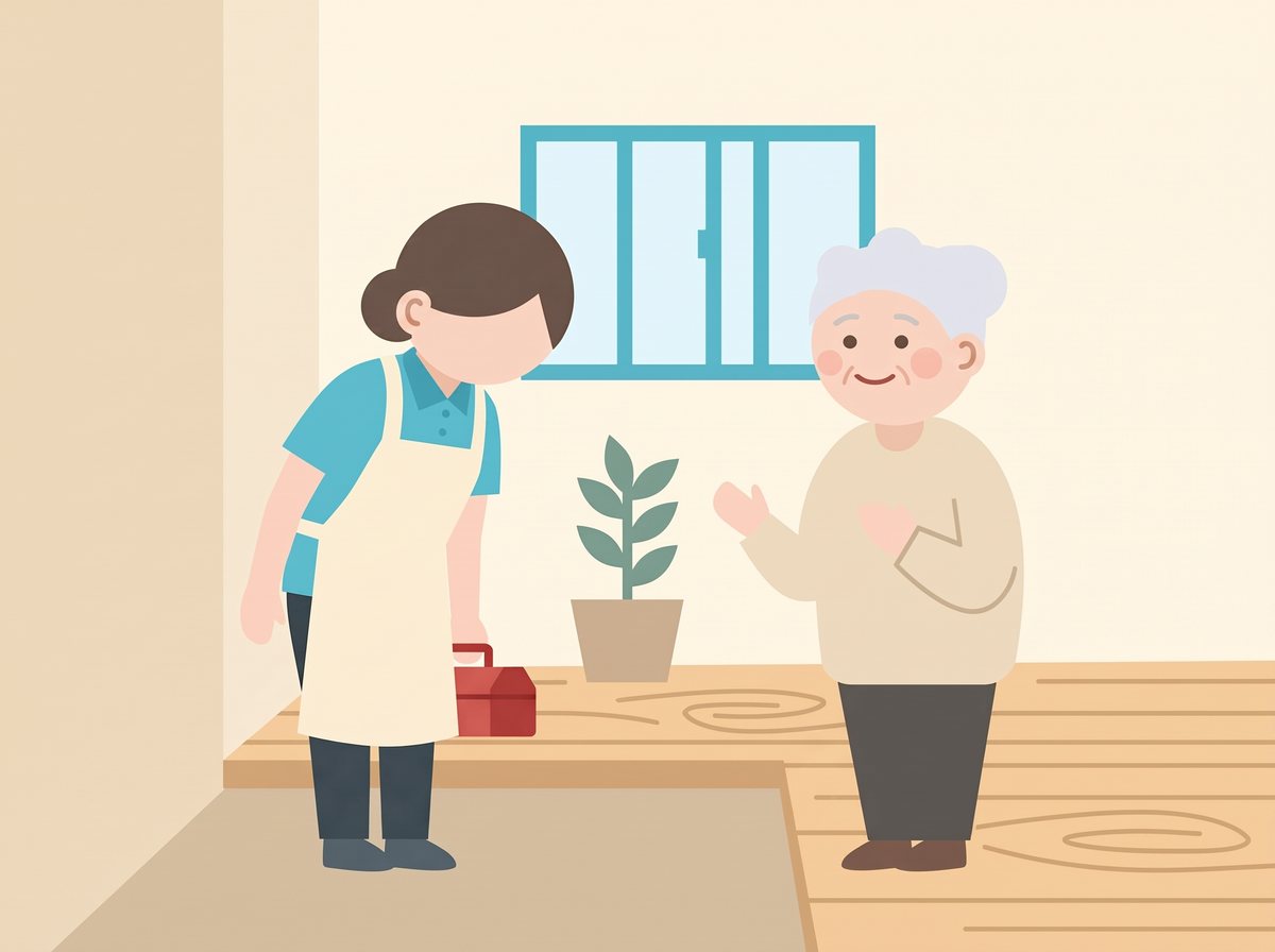 玄関でごあいさつするスタッフ(AI生成の見本イラスト)