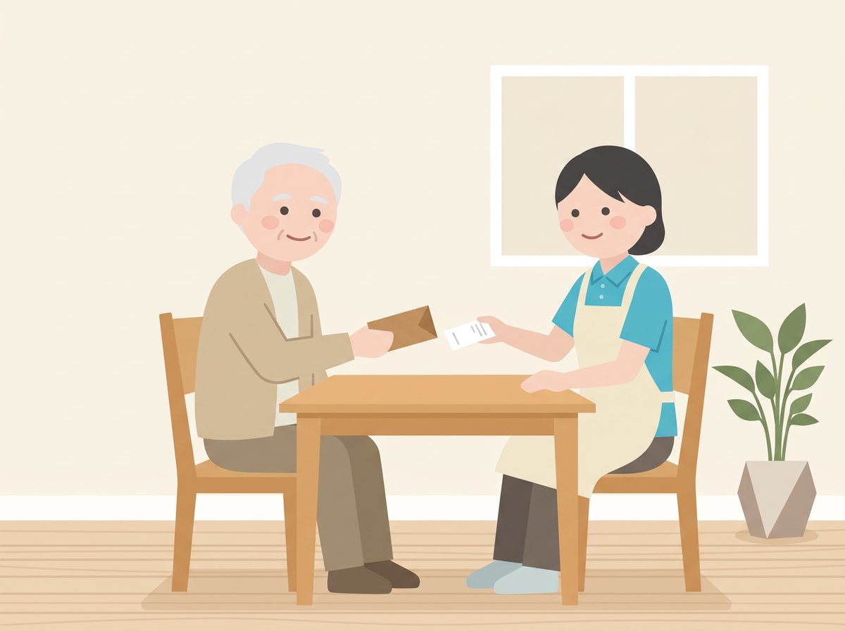 料金を支払うシニアの男性と領収書を渡すスタッフ(AI生成の見本イラスト)