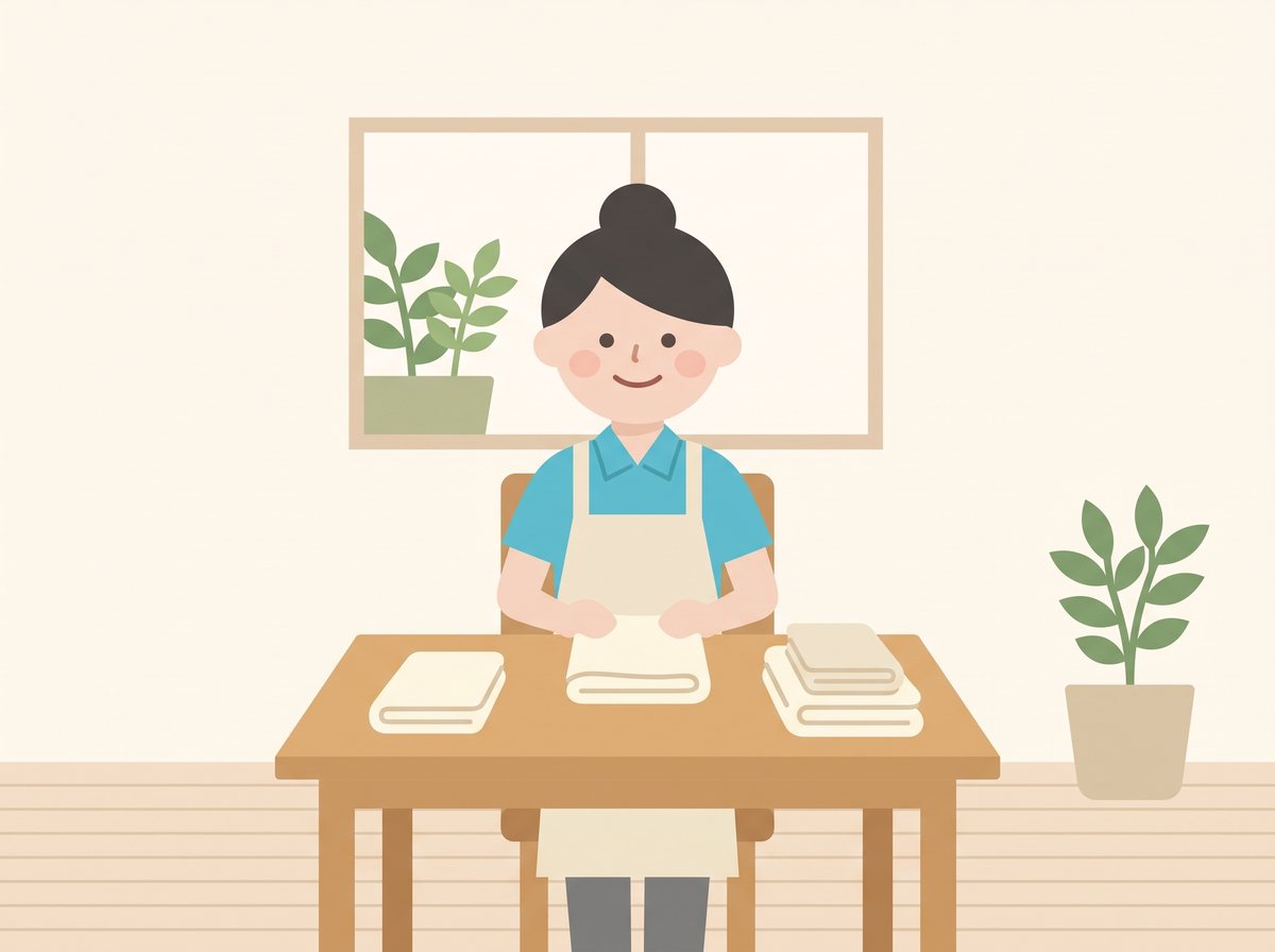洗濯物をたたむスタッフ(AI生成の見本イラスト)